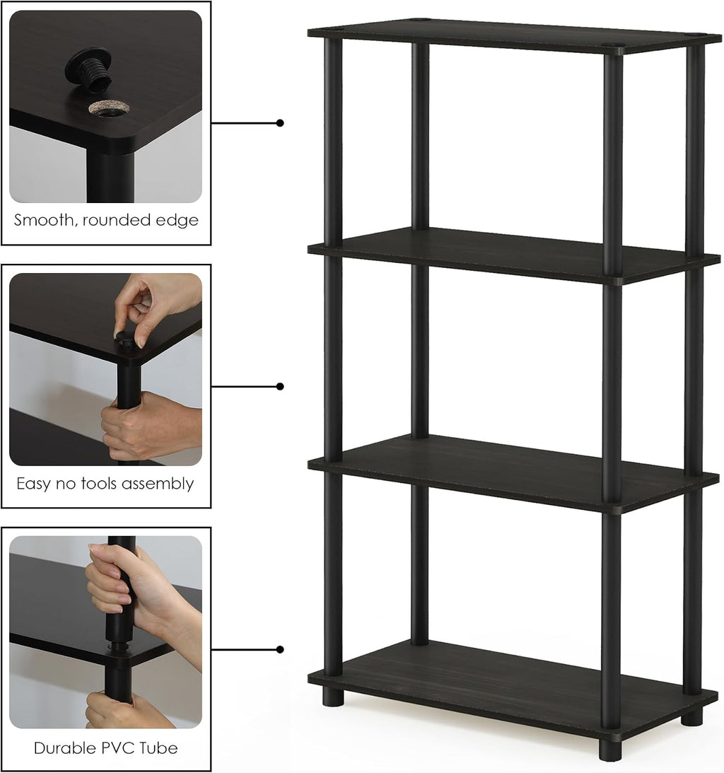Turn-N-Tube Storage Shelves, 4-Tier Book Shelf, Corner Shelf, Toolless Open Shelves, for Organization and Storage, Living Room, Bedroom, Entryway, Laundry, Black Espresso