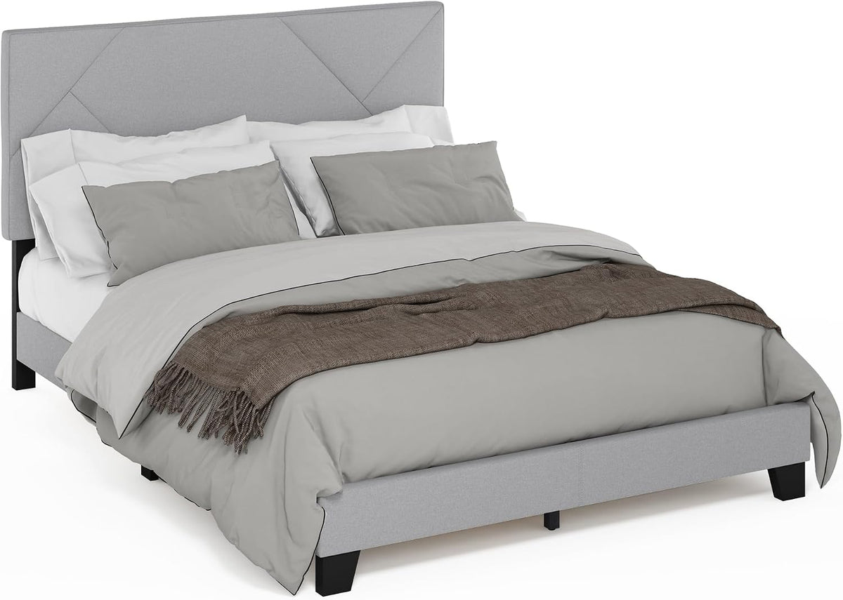Skylar Bed Frame, Queen Size Bedframe with Geometric Design Upholstered Headboard, Bed with Adjustable Headboard, No Box Spring Needed, 12pcs Wooden Slat Support, for Bedroom, Dorm, Glacier
