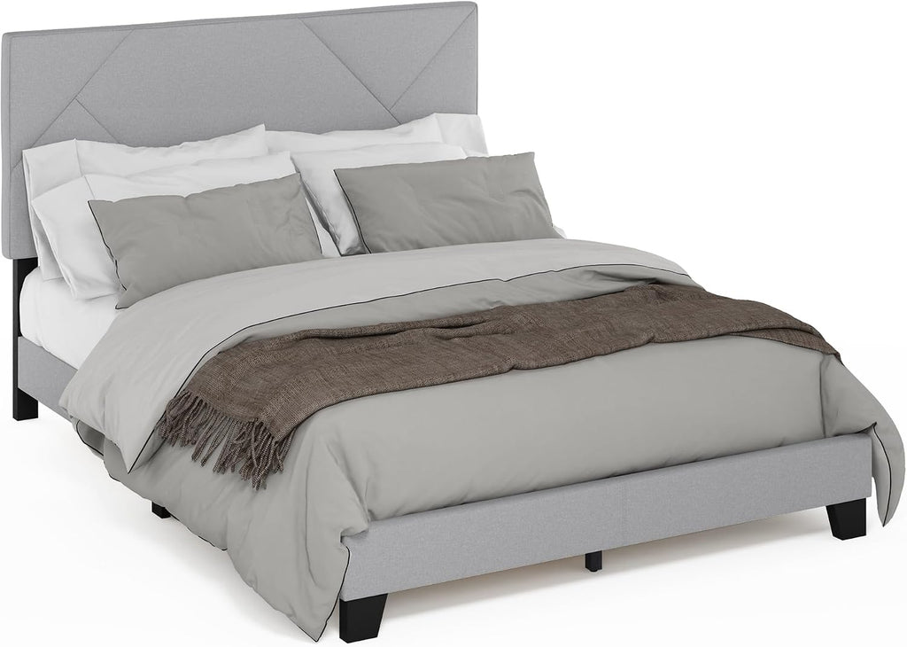 Skylar Queen Size Bed Frame with Geometric Design Upholstered Headboard, Bedframe with Adjustable Headboard, No Box Spring Needed, 12pcs Wooden Slat Support, for Bedroom, Dorm, Light Grey