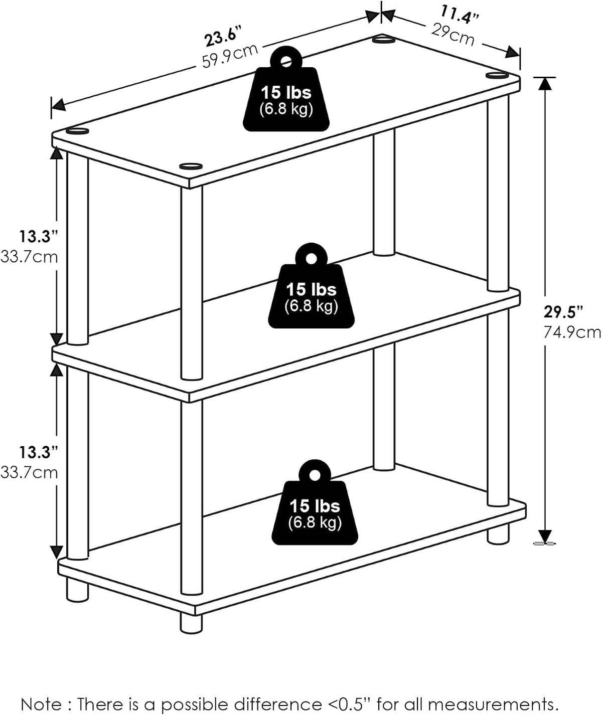 Turn-N-Tube Toolless Assembly Storage Shelves, 3-Tier Rustic Brown Book Shelf, Open Storage Bookshelf, for Organization and Storage, Living Room, Home Office, Bedroom, Amber Oak