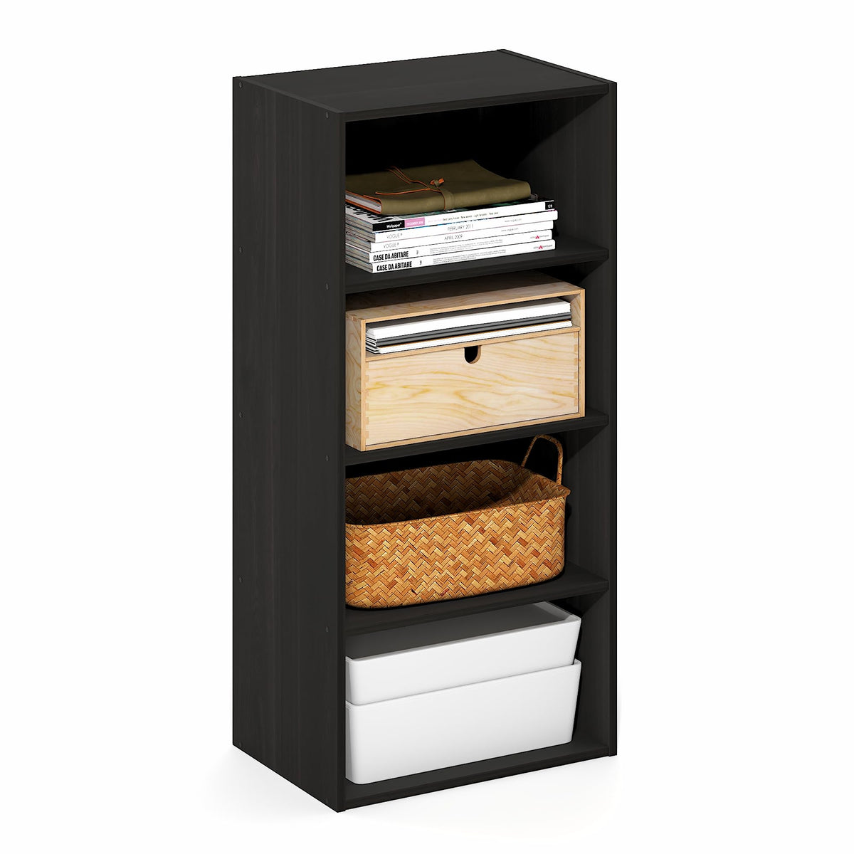 Basic Book Shelf, 4-Tier Bookcase with Open Shelf, Bookshelf, Cube Storage Organizer, 11 x 17 x 35, for Living Room, Bedroom, Home Office, Amber Pine