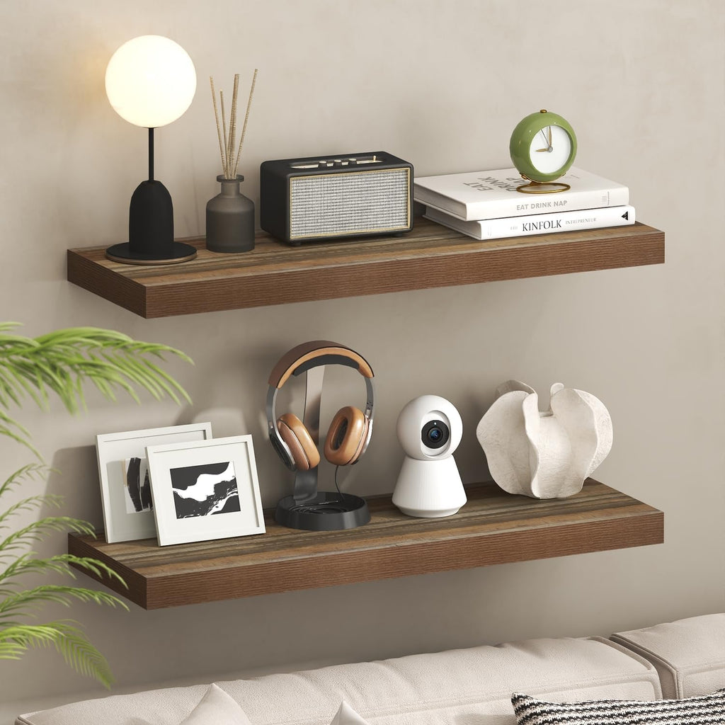 Tanna Floating Shelves for Wall, 12 x 35 Wall Shelf, Single Set Wall Mounted Floating Shelf with Invisible Bracket, 2-Inch Thick, for Bathroom, Living Room, Bedroom, Home Office, Retro Brown