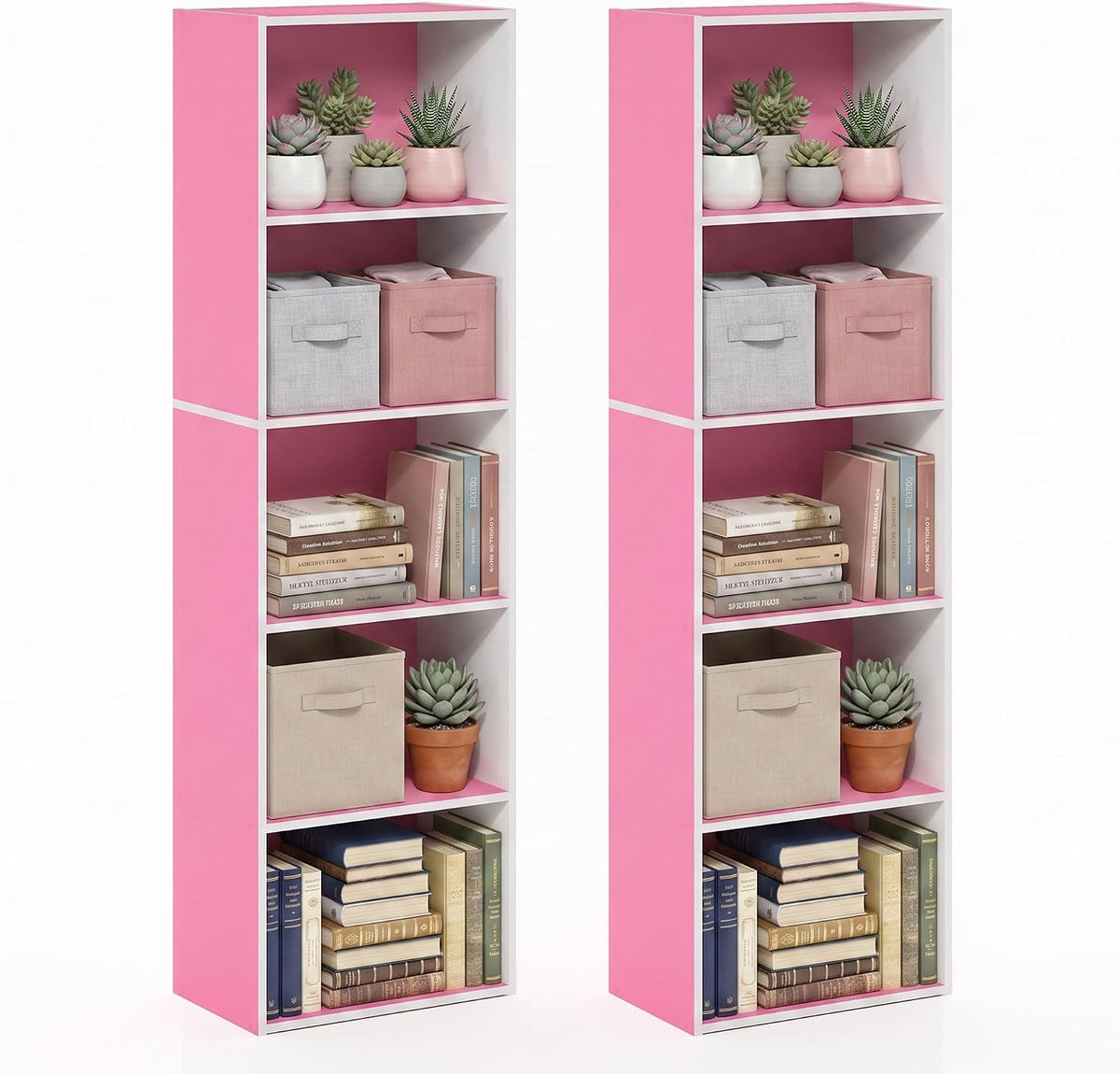 LUDER Set of 2 Book Shelf, 5-Tier, White/Pink