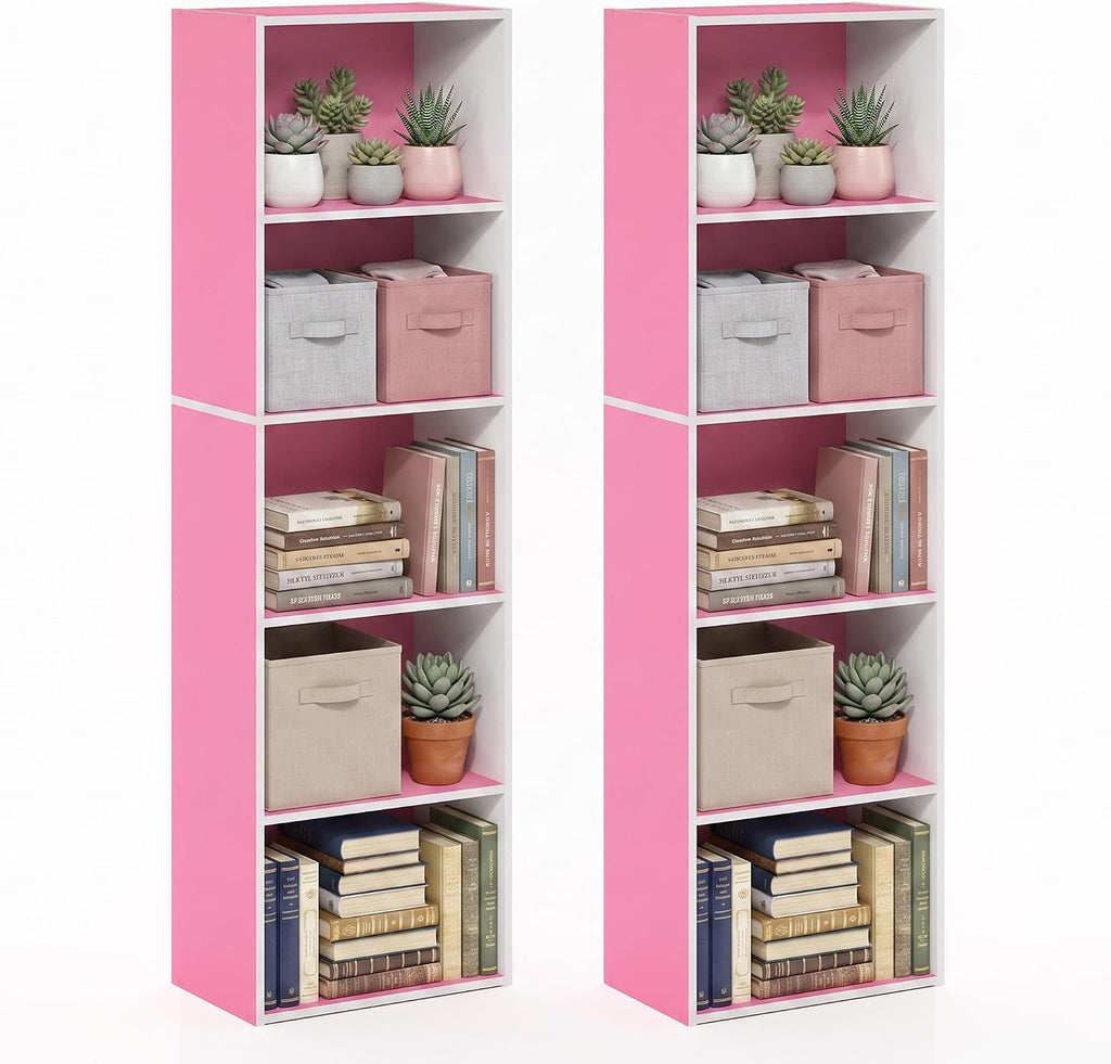 LUDER Set of 2 Book Shelf, 5-Tier, White/Pink