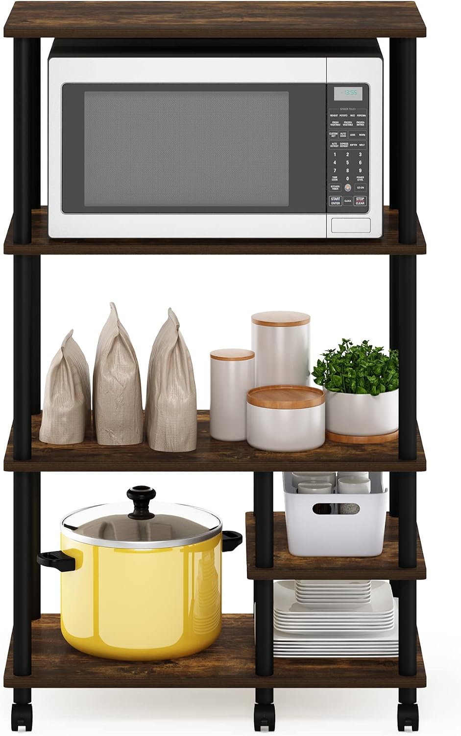 Turn-N-Tube 4-Tier Toolless Kitchen Storage Shelf Cart, Amber Pine/Black