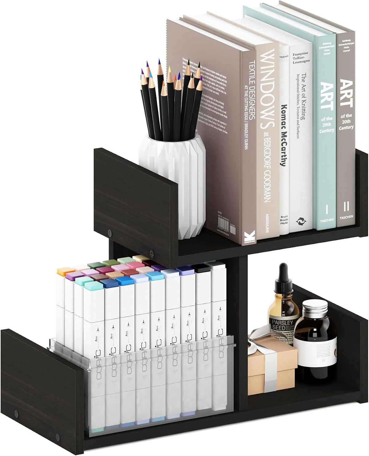 HERMITE Desk File Folder Organizers, 3-Shelf Desktop Office Organization Racks, Desk Top Display Book Shelf, for Paper, Office Supplies, Magazine, Espresso