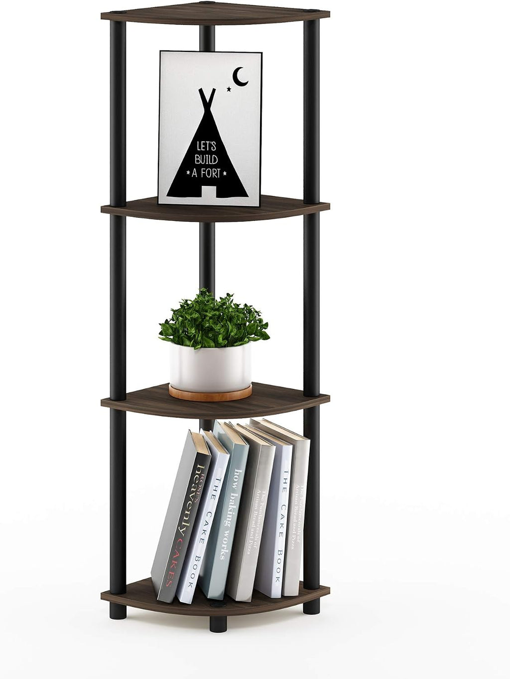 TURN-N-TUBE Corner Shelf, 4-Tier Corner Bookshelf, Display Storage Shelves with Open Shelves, for Organization and Storage, Living Room, Home Office, Garage, Columbia Walnut