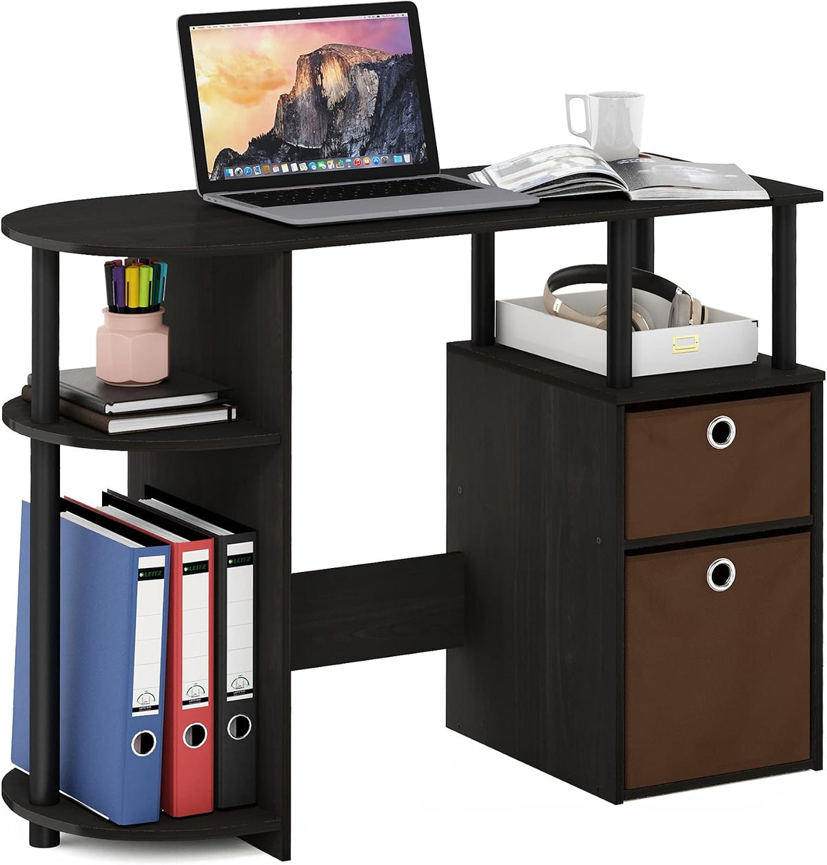JAYA Desk, 38.4" Wide Gaming Desk with Bin Drawers, Computer Desk with Side Shelf, Office Desk for Study, Home Office, Bedroom, Dorm, Study Room, Espresso