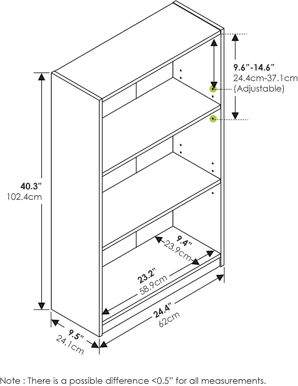Jaya Book Shelf, 3-Tier Bookshelf, Bookcase with Adjustable Shelves, 9.5 x 24.5 x 40.3, for Organization and Storage, for Living Room, Bedroom, Home Office, White