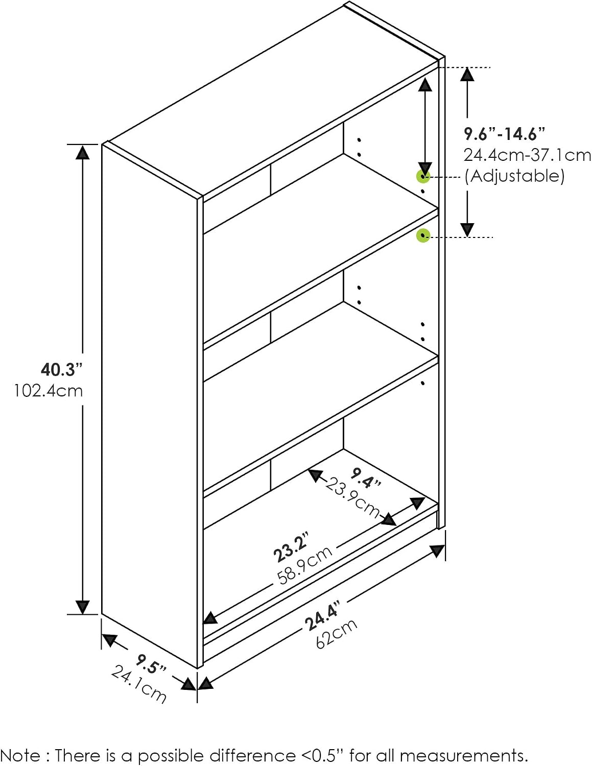 Jaya Book Shelf, 3-Tier Bookshelf, Bookcase with Adjustable Shelves, 9.5 x 24.5 x 40.3, for Organization and Storage, for Living Room, Bedroom, Home Office, White