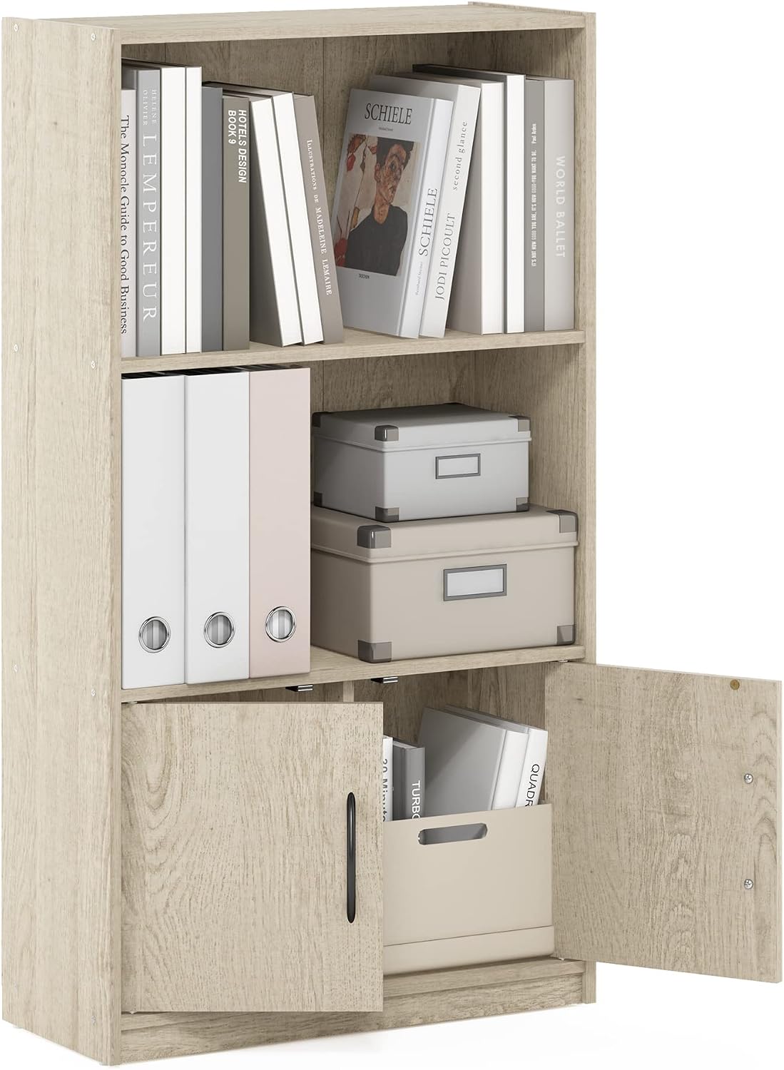 Gruen 3-Tier Open Shelf Bookcase with 2 Doors Storage Cabinet, Metropolitan Pine