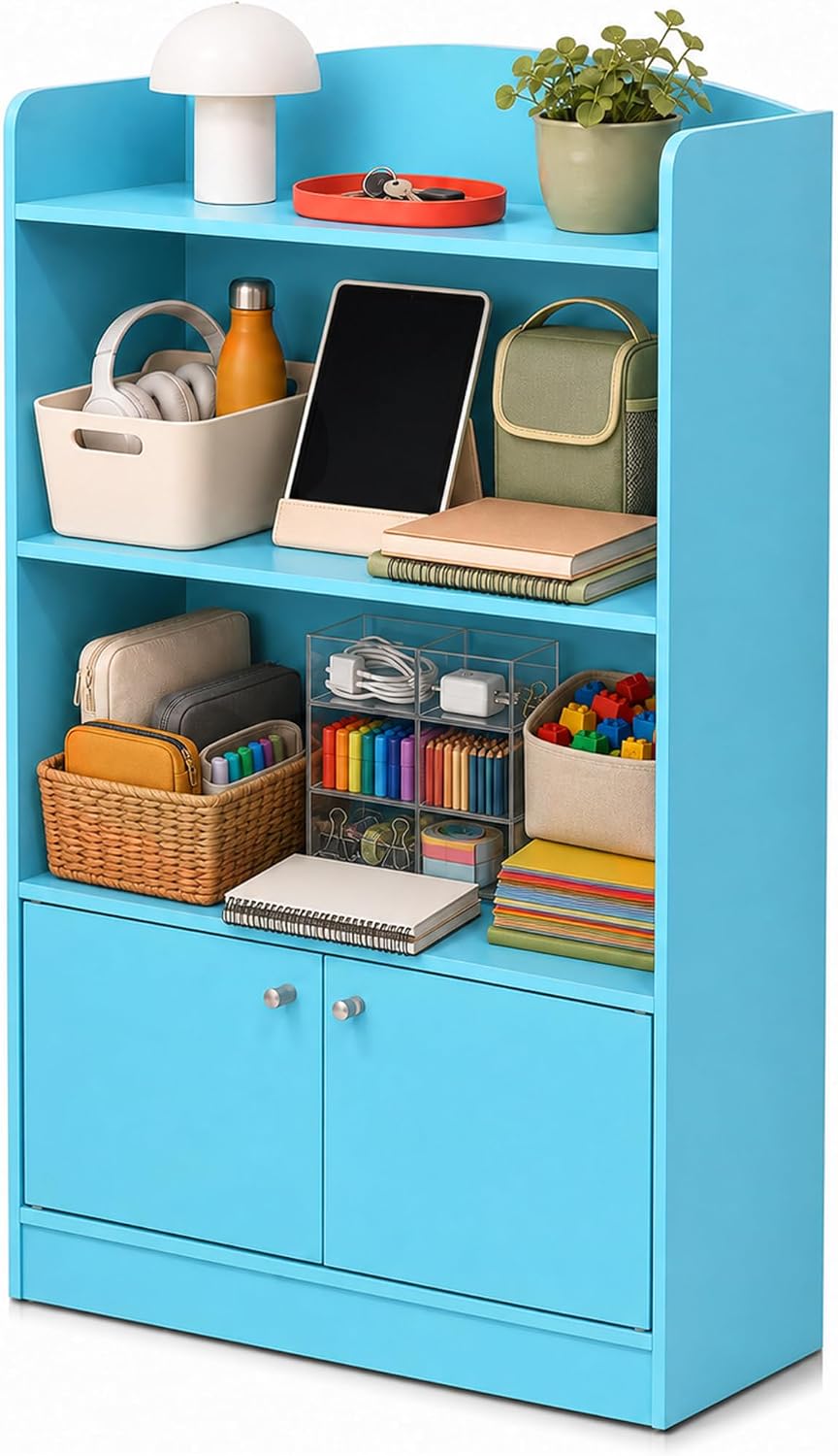 LOVA Book Shelf, Bookshelf with Storage Cabinet, Bookcase with Door, 11.8 x 23.6 x 37.3, for Living Room, Bedroom, Home Office, Light Blue