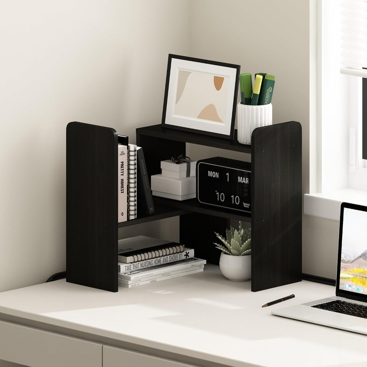 Classic Desktop Organizer Storage Rack Adjustable Free Style Rotation Display Bookshelf, Espresso 6.7D x 23.7W x 15.67H in