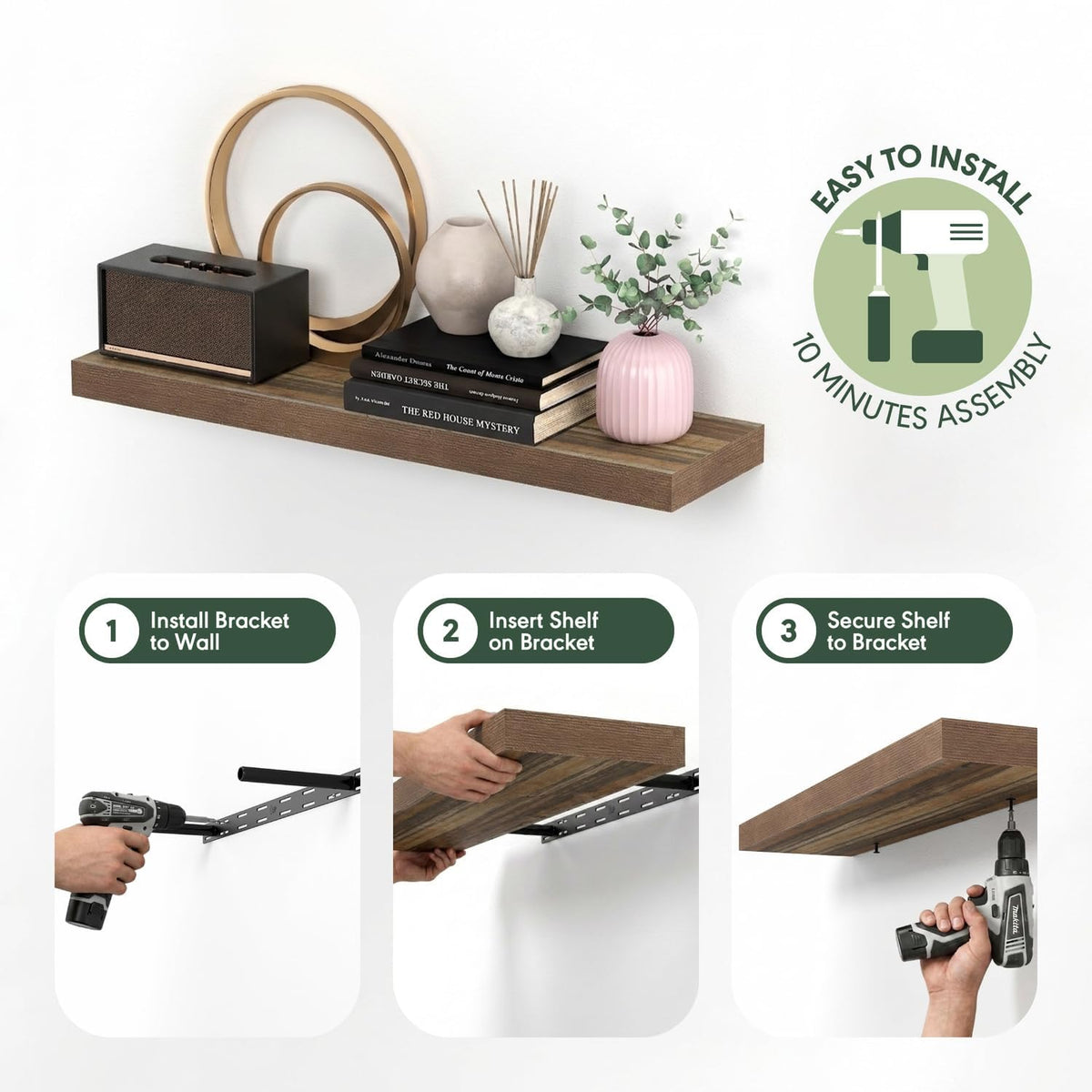 Tanna Floating Shelves for Wall, 12 x 35 Wall Shelf, Single Set Wall Mounted Floating Shelf with Invisible Bracket, 2-Inch Thick, for Bathroom, Living Room, Bedroom, Home Office, Retro Brown