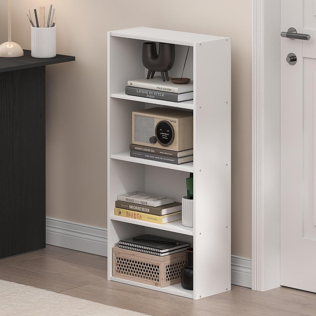 Basic Book Shelf, 4-Tier Bookcase with Open Shelf, Bookshelf, Cube Storage Organizer, 7 x 17 x 35, for Living Room, Bedroom, Home Office, White