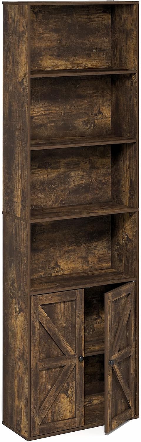 Jensen Farmhouse Style 6-Tier Book Shelf with Doors, Amber Pine