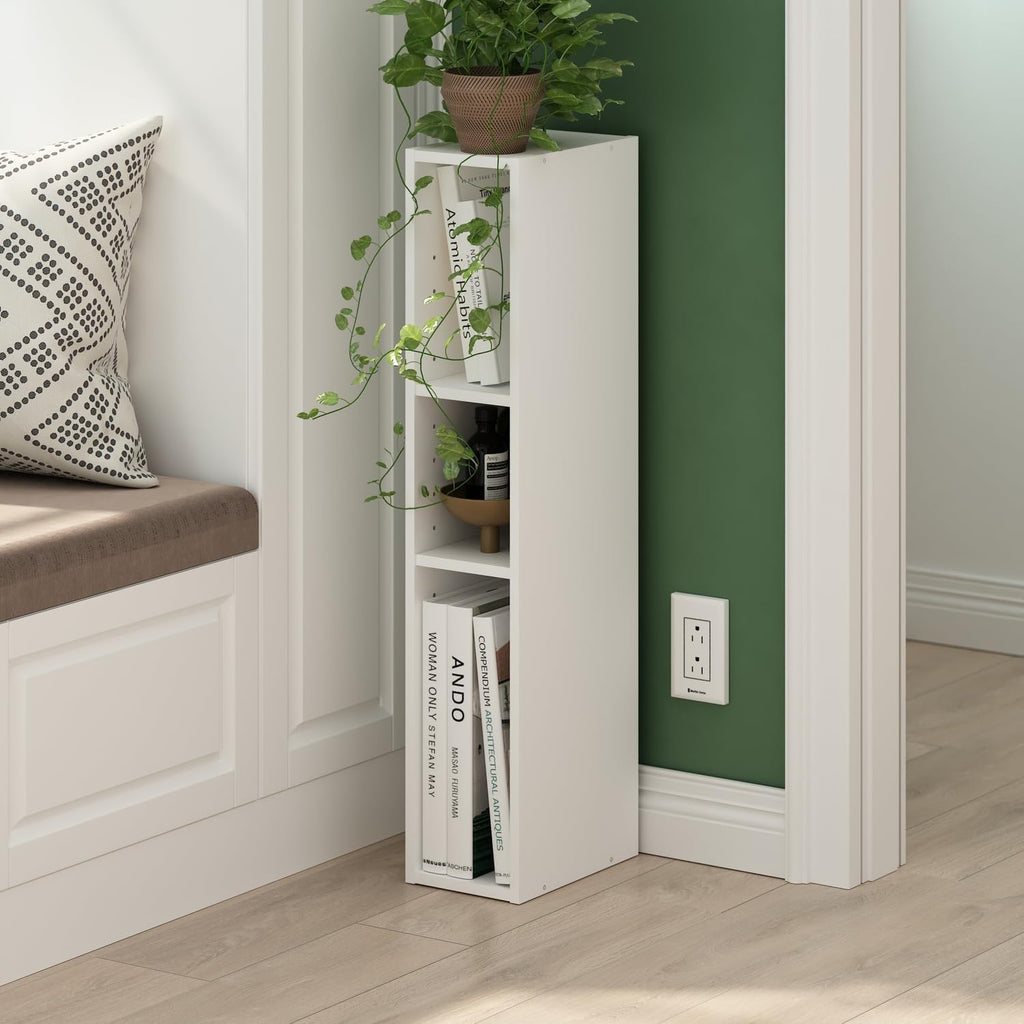 Fulda Book Shelf, 3-Tier Narrow Storage Cabinet, Bookcase with 6-in Width Storage Shelf, 9.3 x 5.9 x 31.5, for Living Room, Bedroom, Home Office, White