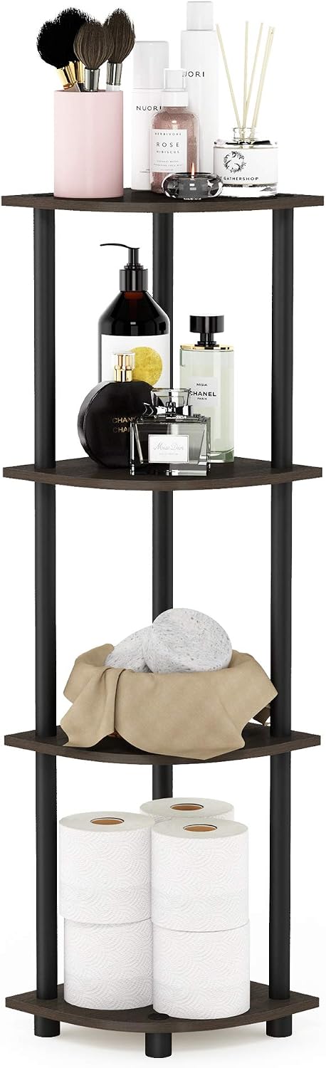 TURN-N-TUBE Corner Shelf, 4-Tier Corner Bookshelf, Display Storage Shelves with Open Shelves, for Organization and Storage, Living Room, Home Office, Garage, Dark Brown Grain