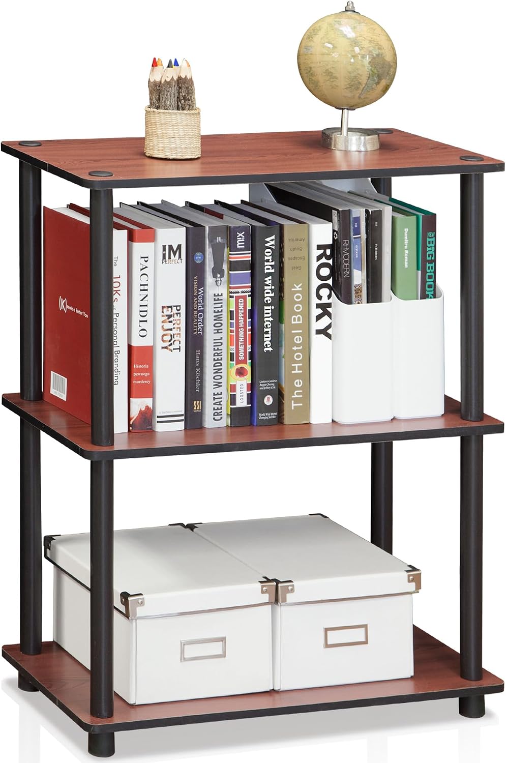 Turn-N-Tube Storage Shelves, 3-Tier Book Shelf, Corner Shelf, Toolless Open Shelves, for Organization and Storage, Living Room, Bedroom, Entryway, Laundry, Cherry Oak