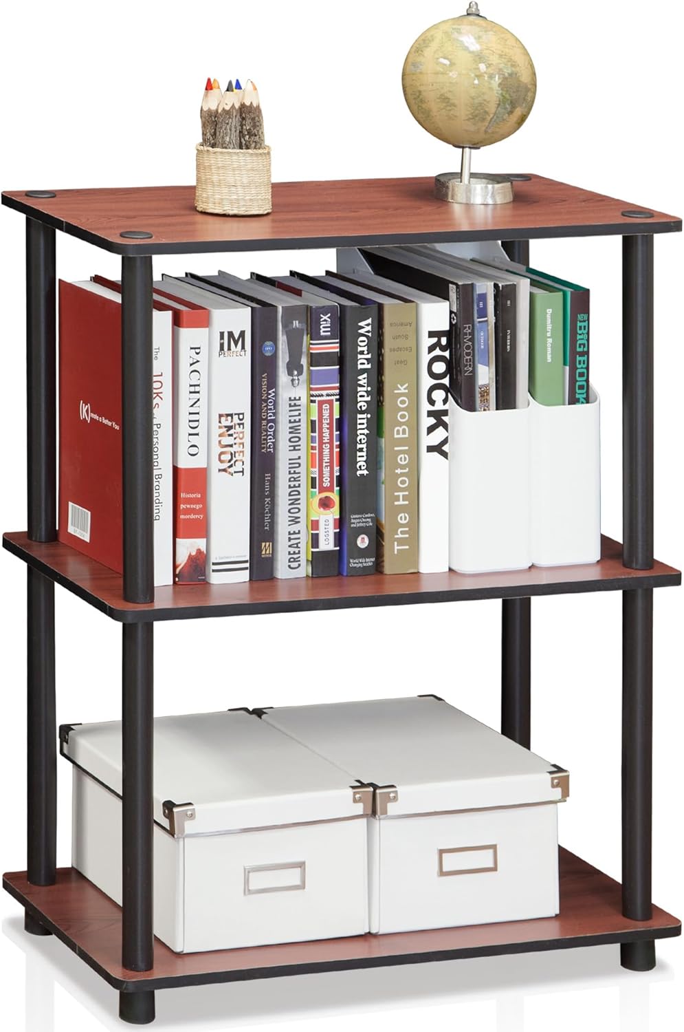 Turn-N-Tube Storage Shelves, 3-Tier Book Shelf, Corner Shelf, Toolless Open Shelves, for Organization and Storage, Living Room, Bedroom, Entryway, Laundry, Cherry Oak