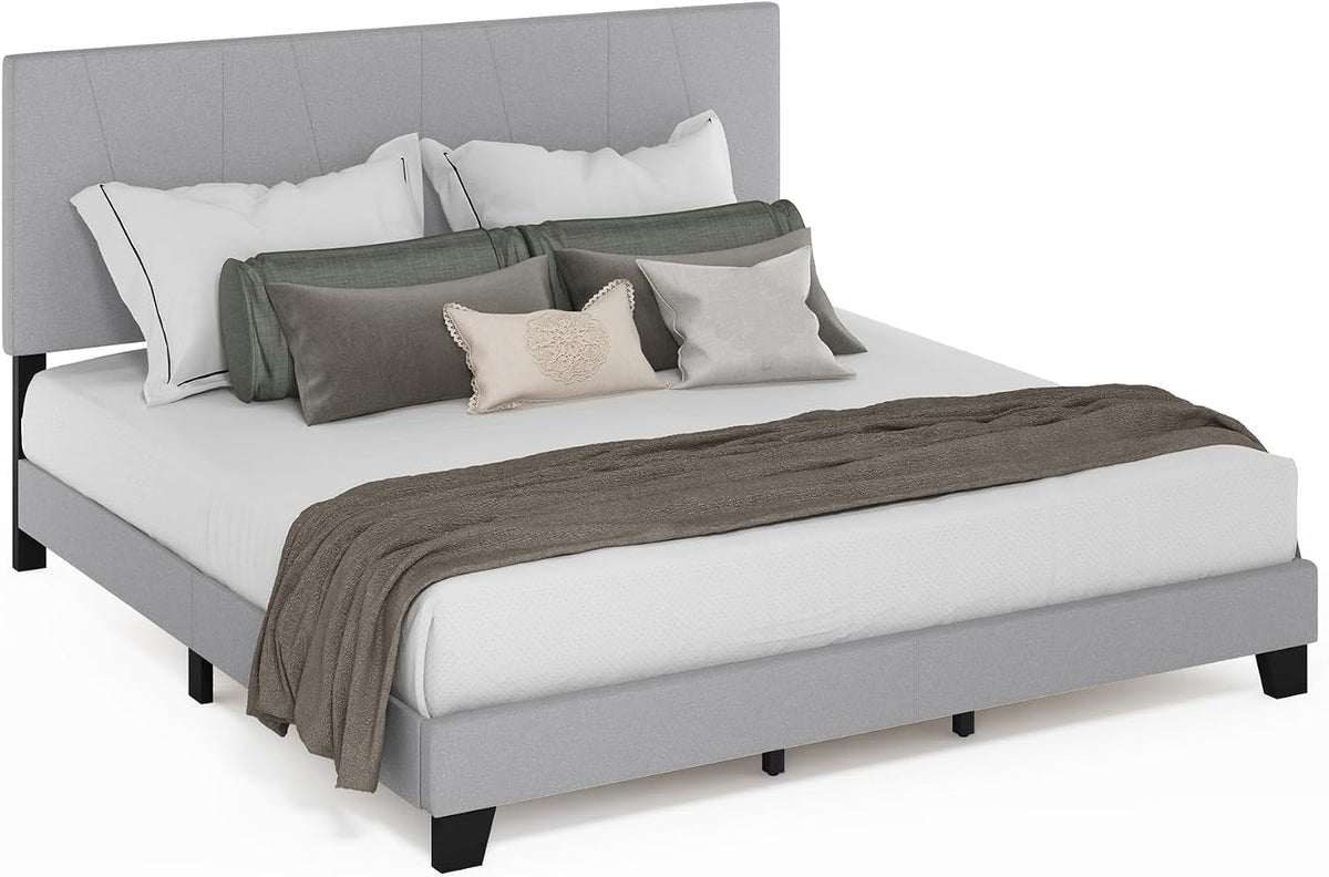 Lucy Bed Frame, King Size Bedframe with Geometric Design Upholstered Headboard, Bed with Adjustable Headboard, No Box Spring Needed, 12pcs Wooden Slat Support, for Bedroom, Dorm, Glacier