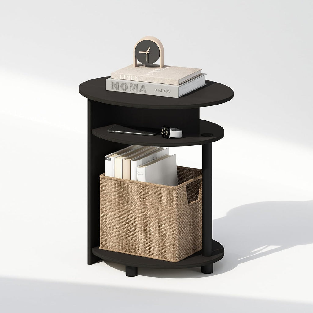 TIDUR Night Stand, 3-Tier Oval Nightstand with Round Edge Tabletop, Open Shelf Bedside Table, End Table, Side Table, for Bedroom, Closet, Dorm, Walnut