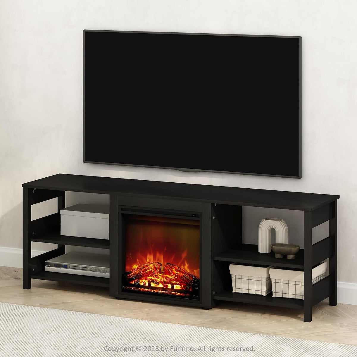 Jensen Fireplace TV Stand, NO Heat Decorative Electric Fireplace TV Stand for TV up to 70 Inch, with Open Storage, for Living Room, Americano