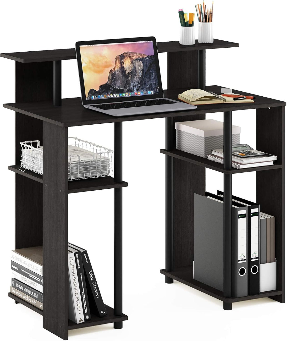 Jaya 35.3 Inch Computer Desk with Raised Hutch, White Wood