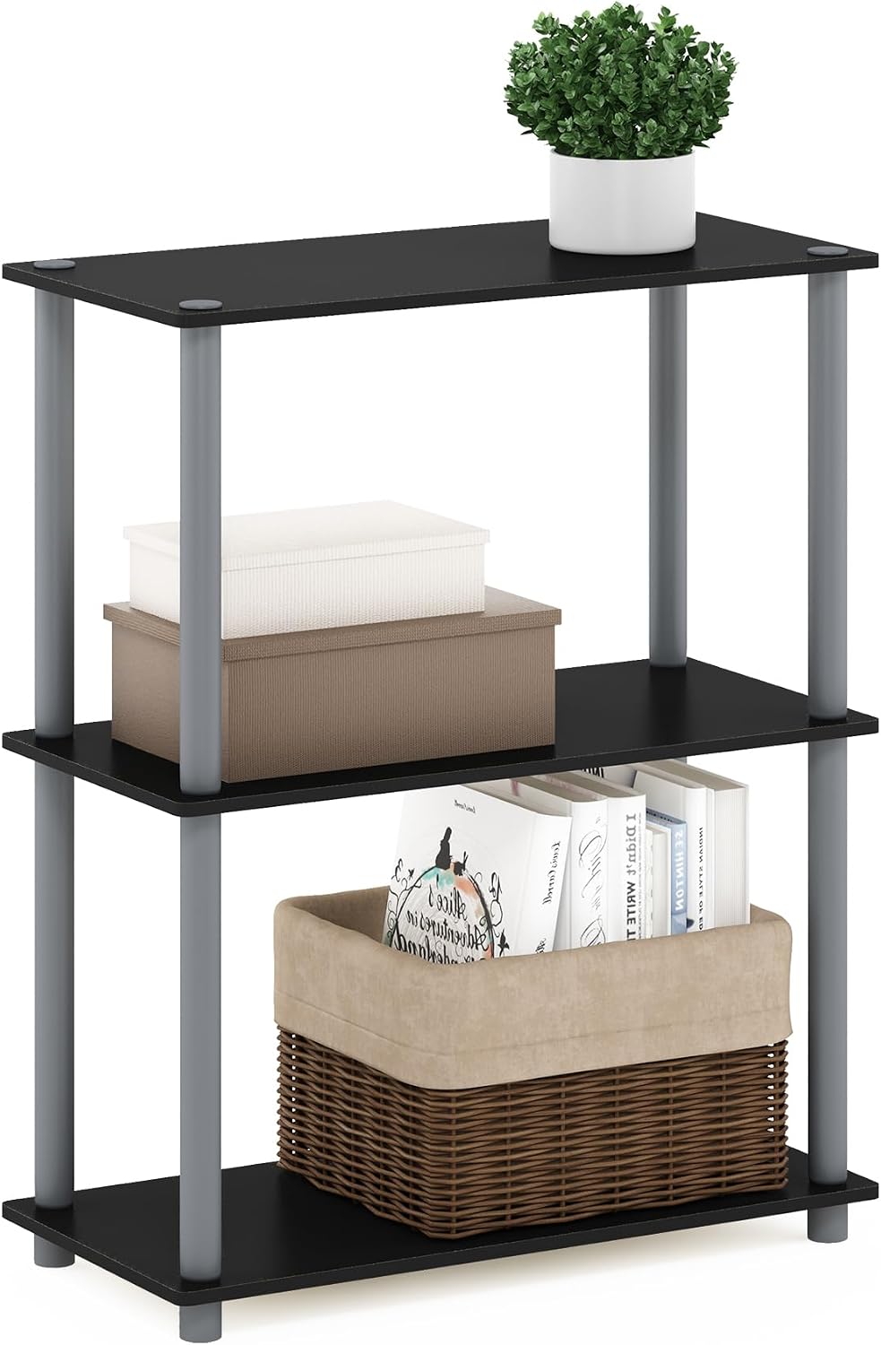Turn-N-Tube Storage Shelves, 3-Tier Book Shelf, Corner Shelf, Toolless Open Shelves, for Organization and Storage, Living Room, Bedroom, Entryway, Laundry, Black