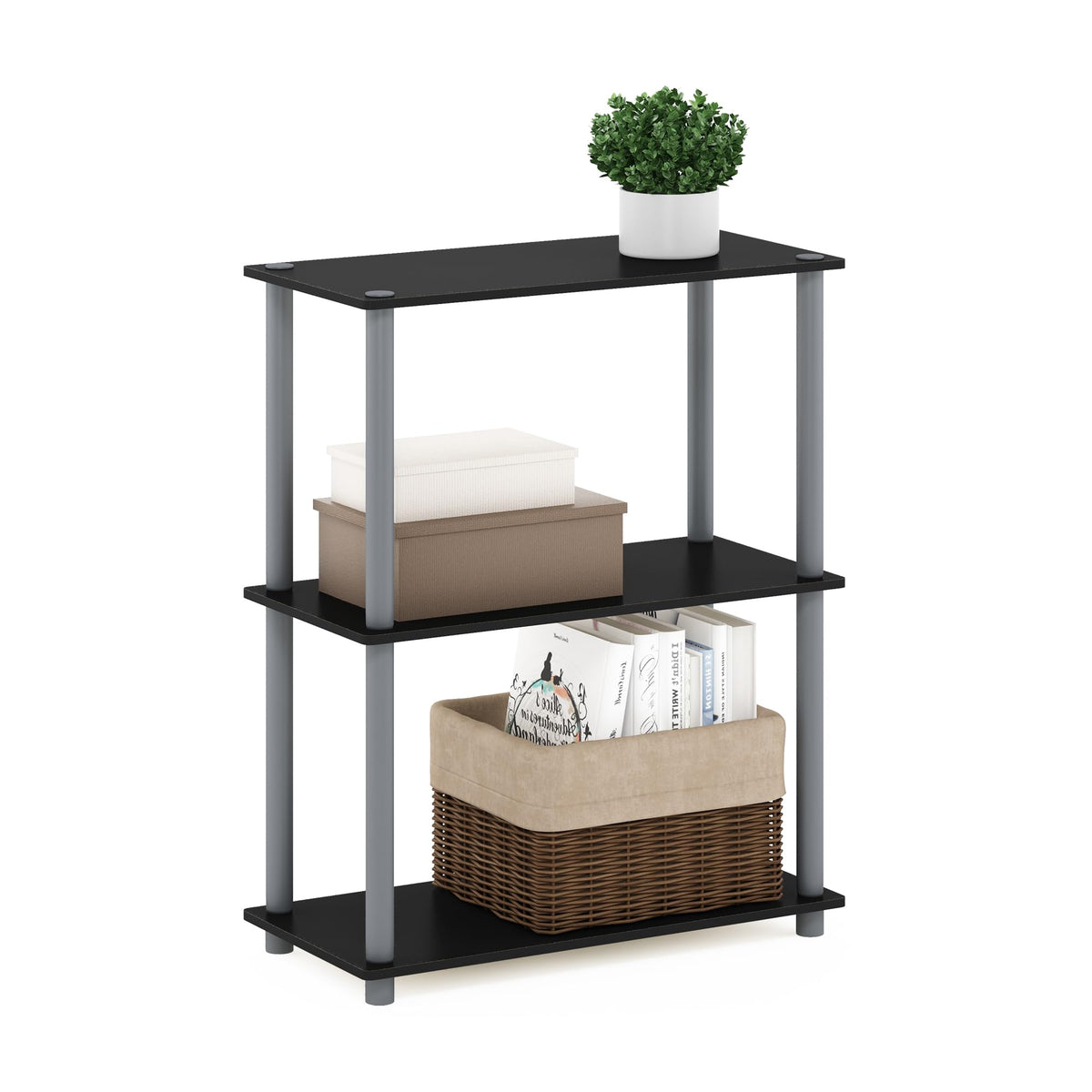 99152BE/WH/IV 3-Tier Go Green Multipurpose Storage Rack Shelving Unit Bookshelf Cabinet with 2 Bins, Beech Finish