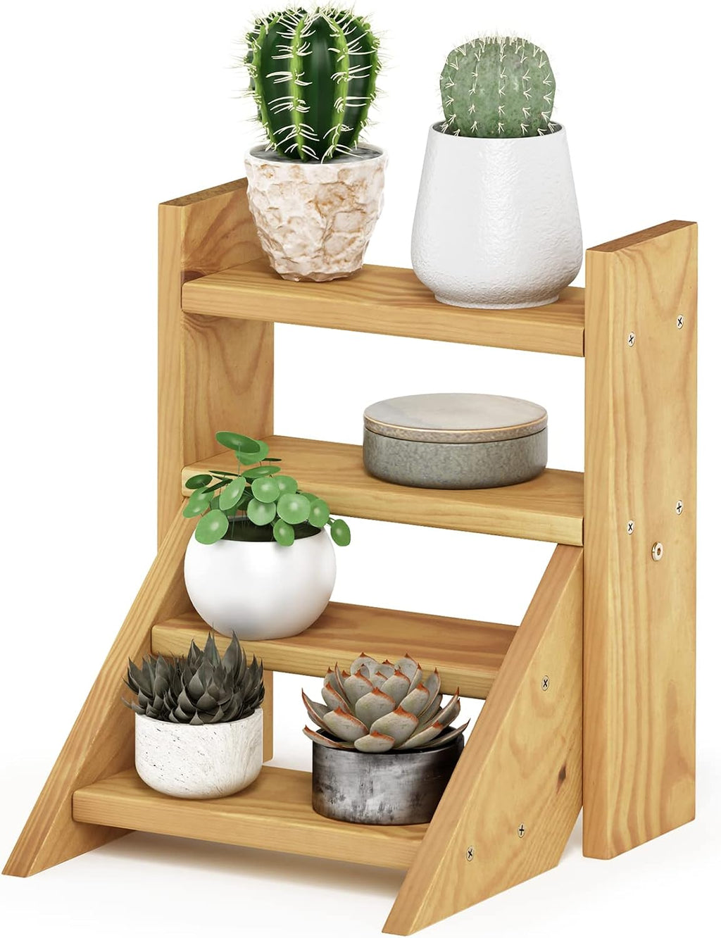 TIOMAN Plant Stand Indoor Outdoor, Tabletop Mini Ladder Planter Stand, Planter Shelf, Organizers, Indoor, Outdoor, Patio, Balcony, Garden, Pine Wood