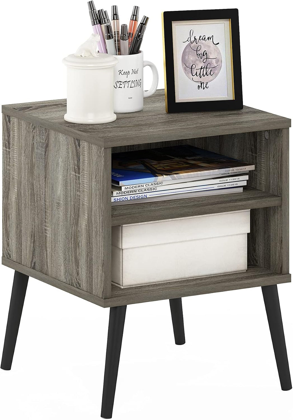 Claude Side Table, 2-Tier Square Mid-Century End Table with Wooden Legs, Open Shelf Night Stand, Bedside Table, for Living Room, Bedroom, French Oak Grey