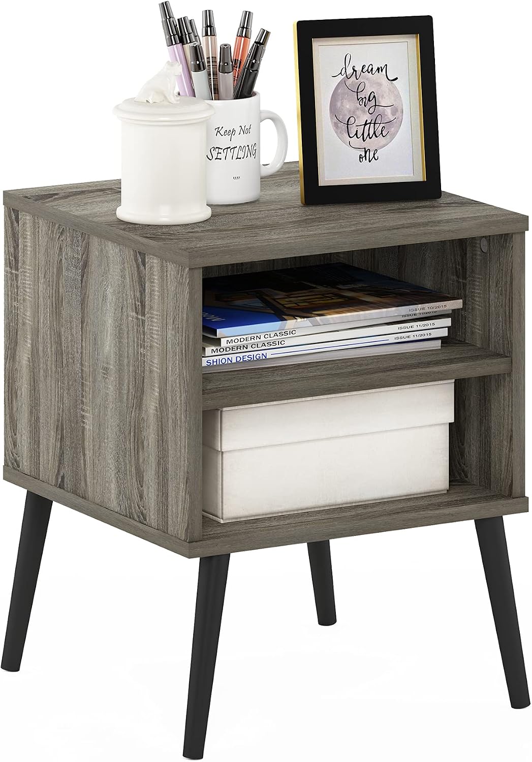 Claude Side Table, 2-Tier Square Mid-Century End Table with Wooden Legs, Open Shelf Night Stand, Bedside Table, for Living Room, Bedroom, French Oak Grey