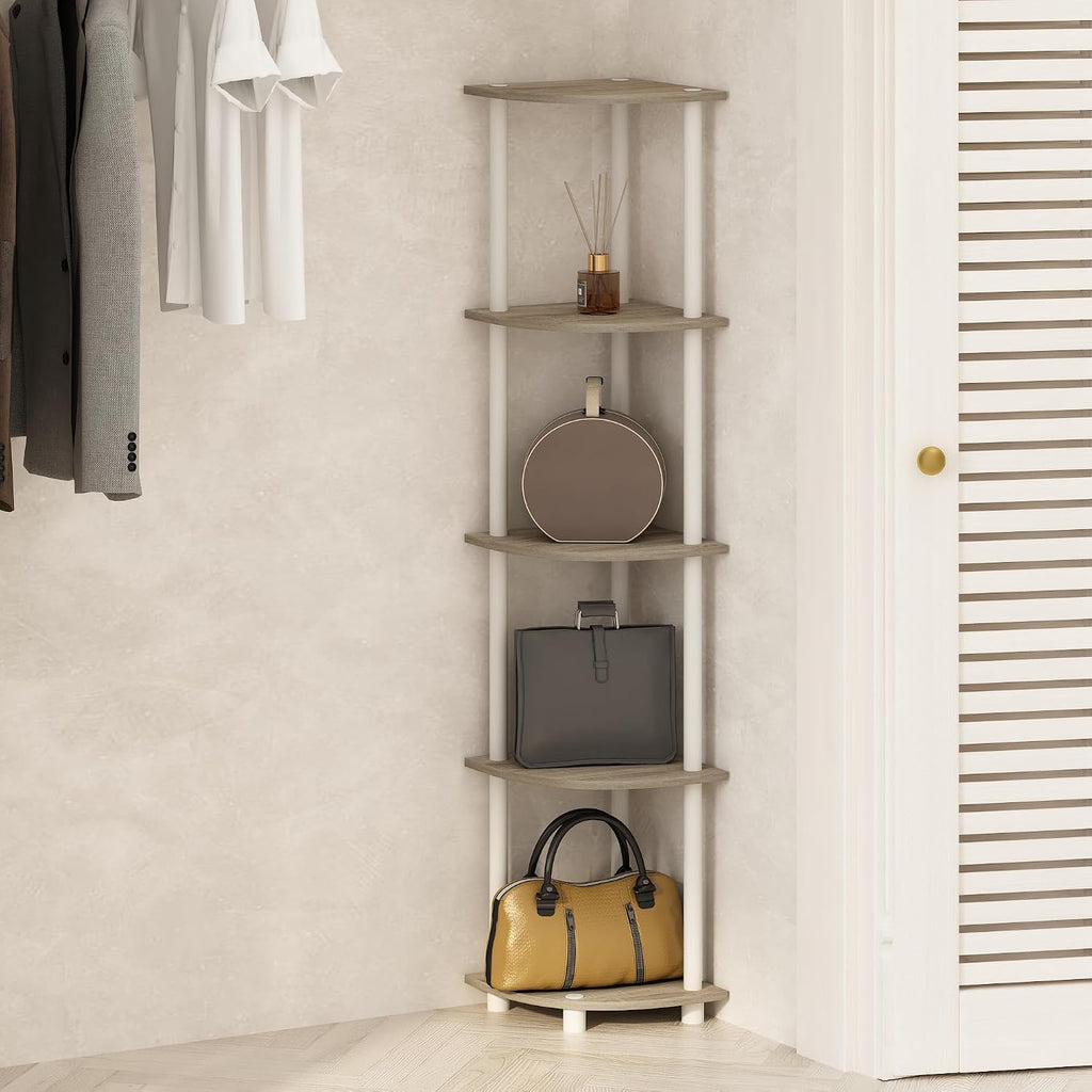 Turn-N-Tube Storage Shelves, 5-Tier Book Shelf, Corner Shelf with Open Shelves, Toollesss Assembly, for Organization and Storage, Living Room, Home Office, Hallway, Bedroom, Light Oak