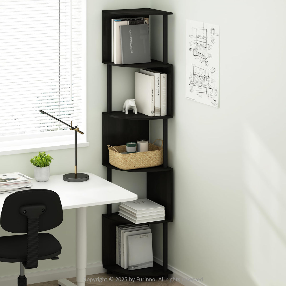 Basic Book Shelf, 4-Tier Bookshelf, Bookcase with Zigzag Corner Shelf, 14.2 x 14.2 x 57.7, for Living Room, Bedroom, Home Office, White/White