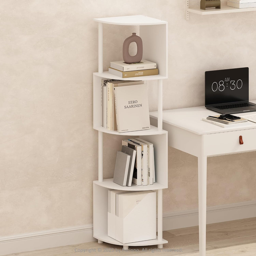 Basic Book Shelf, 4-Tier Bookshelf, Bookcase with Zigzag Corner Shelf, 14.2 x 14.2 x 57.7, for Living Room, Bedroom, Home Office, White/White