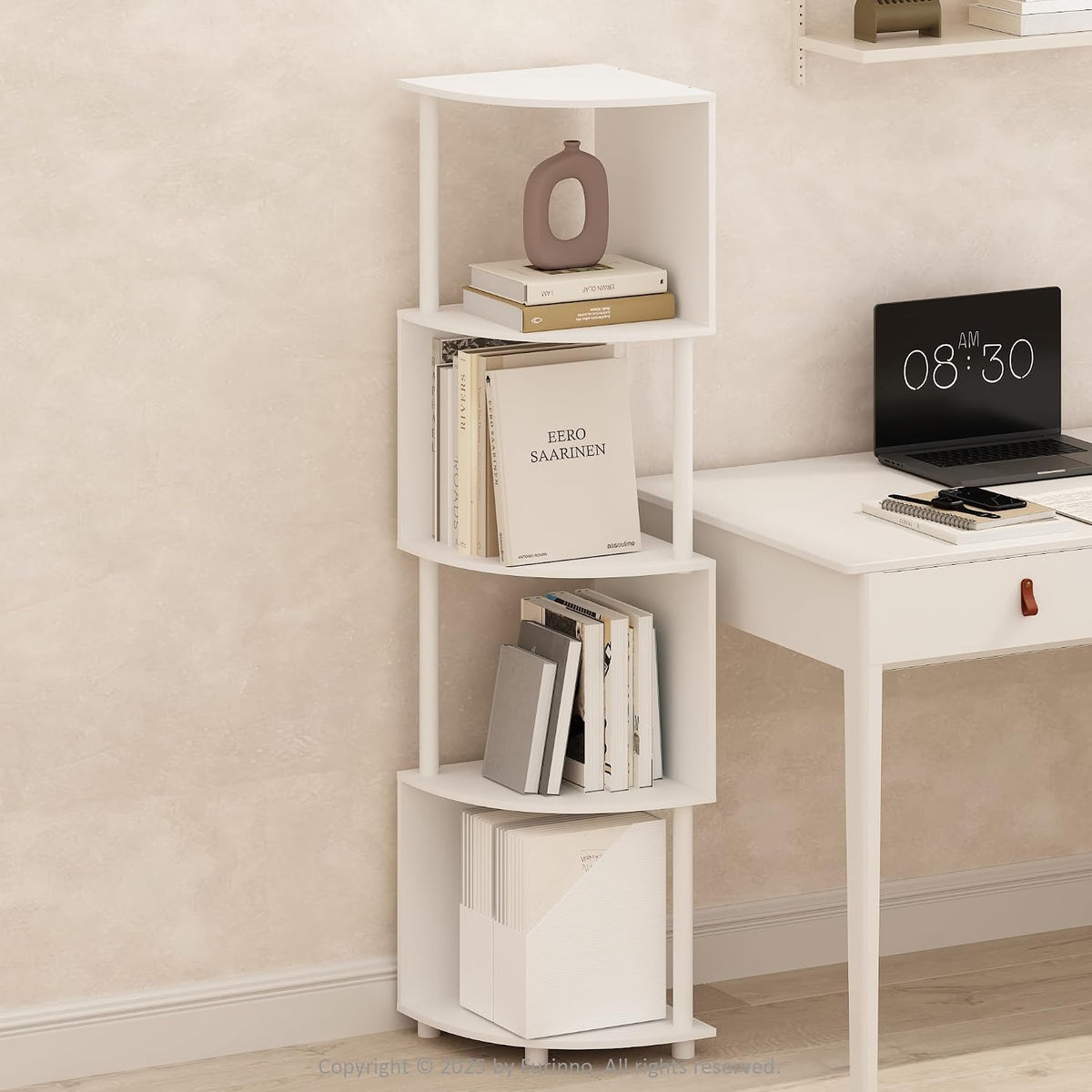 Basic Book Shelf, 4-Tier Bookshelf, Bookcase with Zigzag Corner Shelf, 14.2 x 14.2 x 57.7, for Living Room, Bedroom, Home Office, White/White