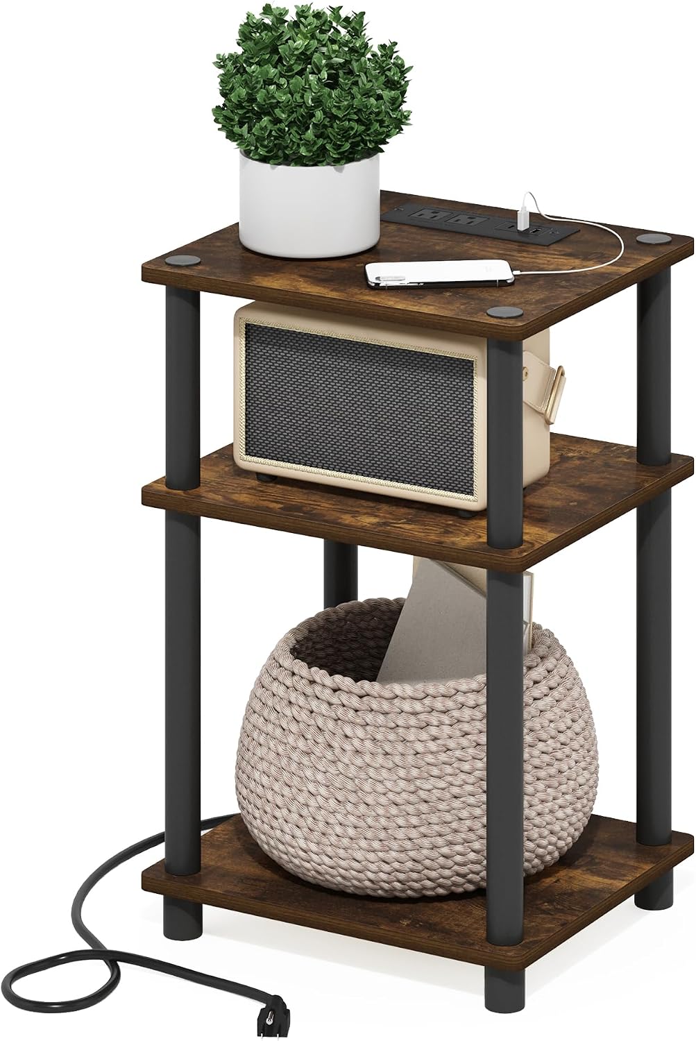 Just 3-Tier Turn-N-Tube USB and Type-C Charging Port End Table with Open Storage, 11.42 (W) x 8.82 (H) x 6.77 (D) inches, Amber Pine/Black
