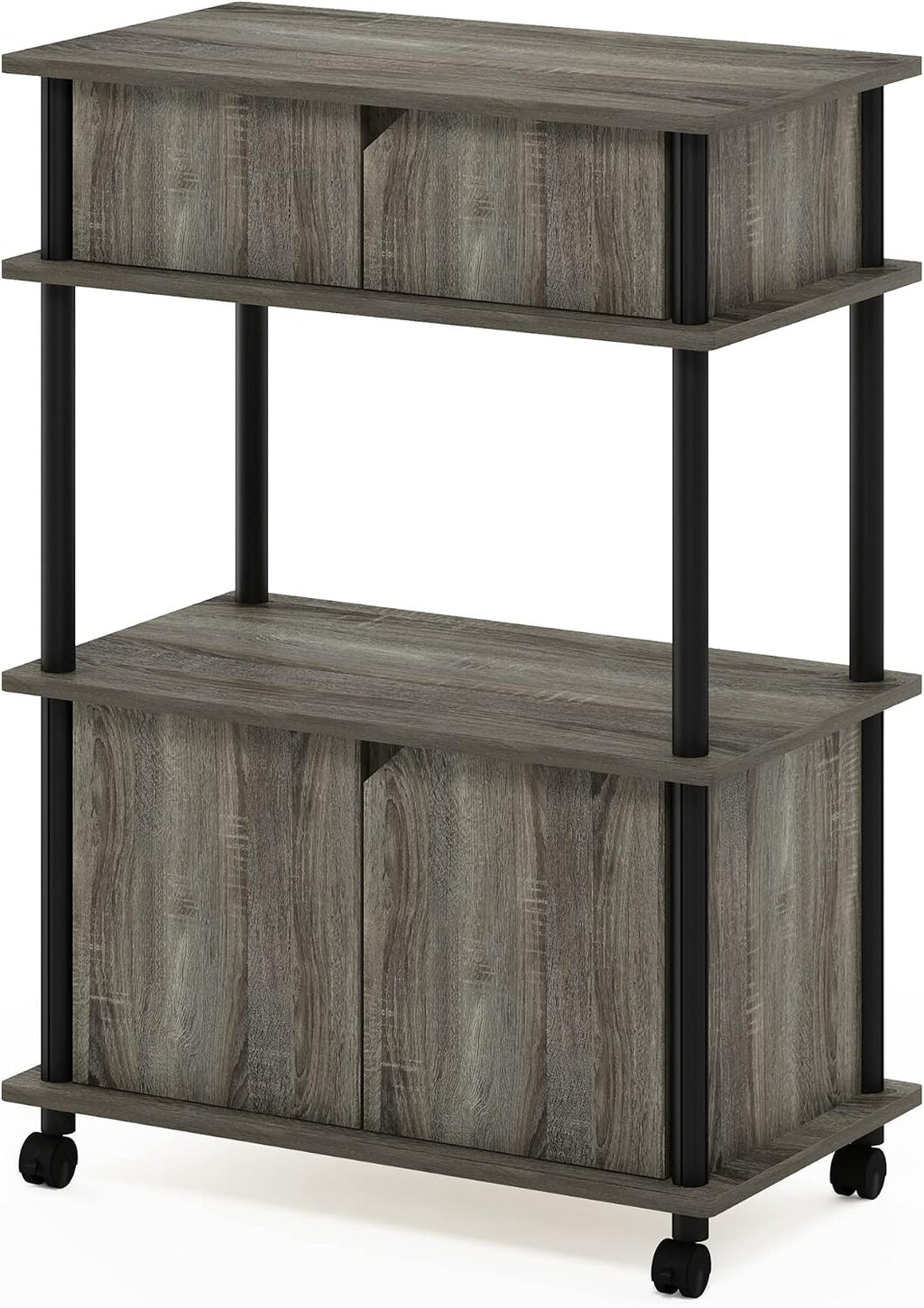 Turn-N-Tube Kitchen Storage Cart with Cabinet and Lockable Wheels, French Oak Grey/Black