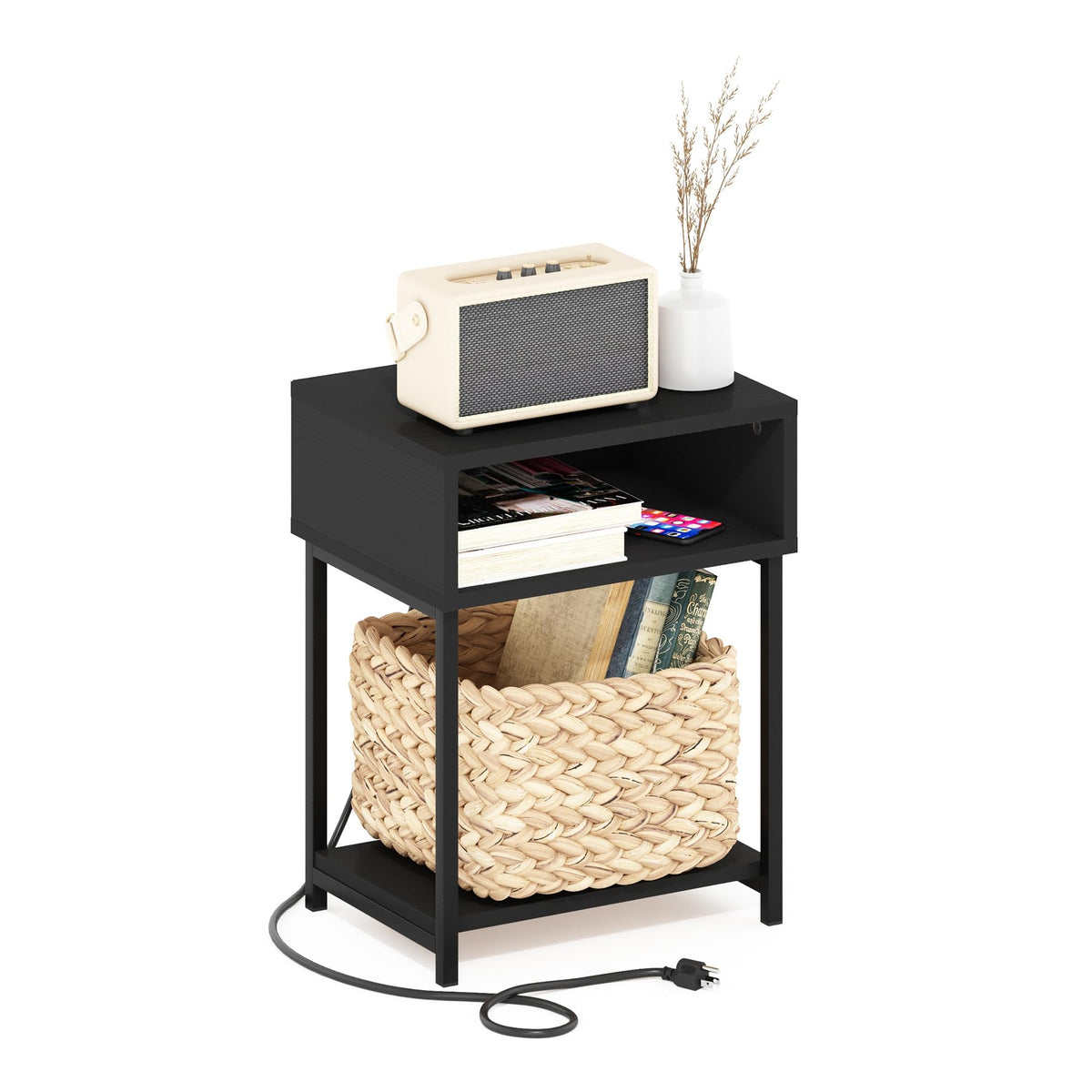 Just 3-Tier Turn-N-Tube Open Storage End Table with USB and Type-C Charging Port, 11.42 (W) x 9.92 (H) x 6.91 (D) inches, Espresso/Black
