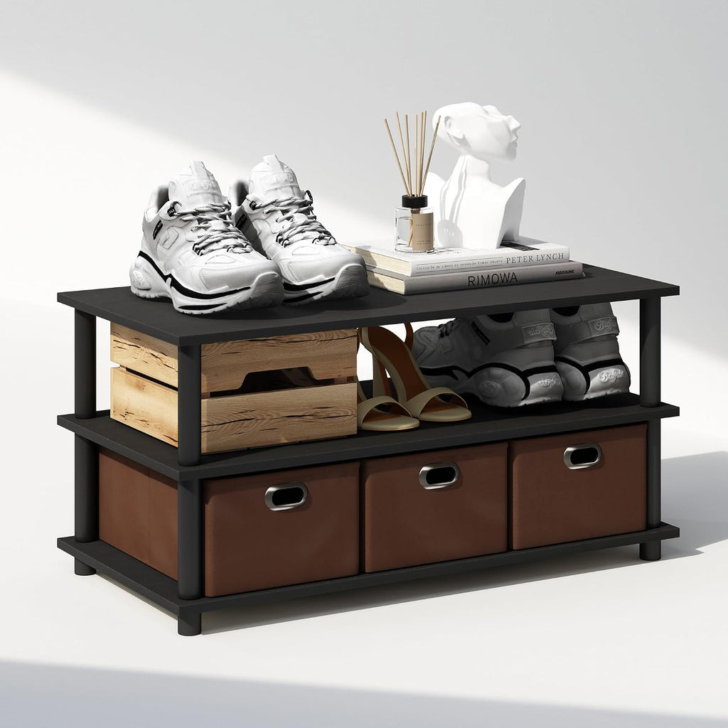 Turn-N-Tube Shoe Rack, 3-Tier Compact Shoe Organizer, Toolless Shoe Storage with Bin Drawers and Open Shelves, 15.5 x 31.2 x 15.4, for Closet Entryway, Office, Garage, Black Oak