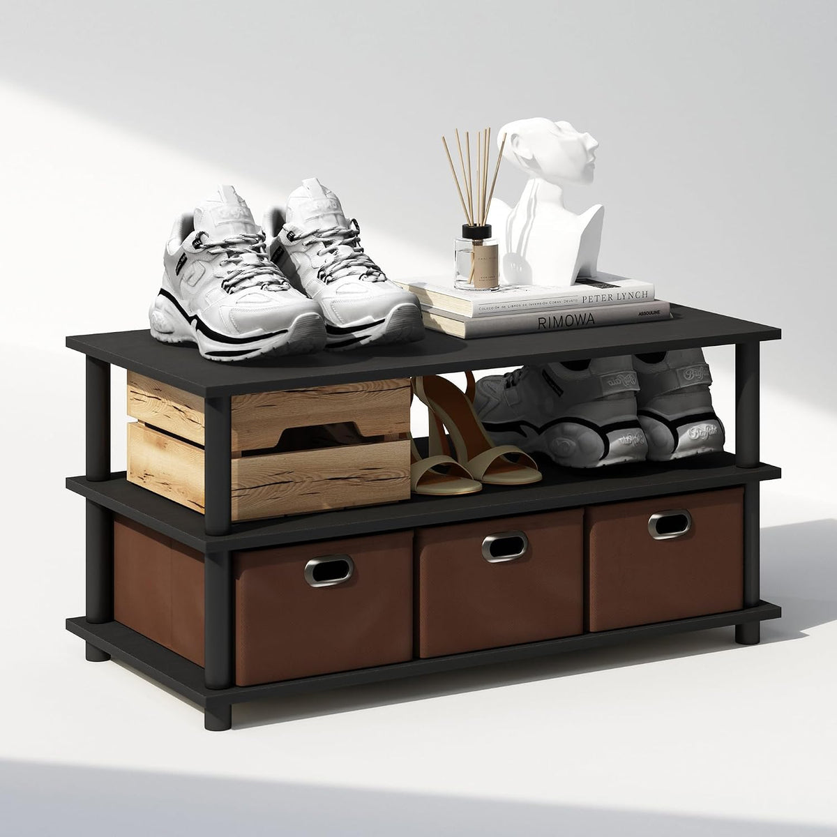 Turn-N-Tube Shoe Rack, 3-Tier Compact Shoe Organizer, Toolless Shoe Storage with Bin Drawers and Open Shelves, 15.5 x 31.2 x 15.4, for Closet Entryway, Office, Garage, Black Oak