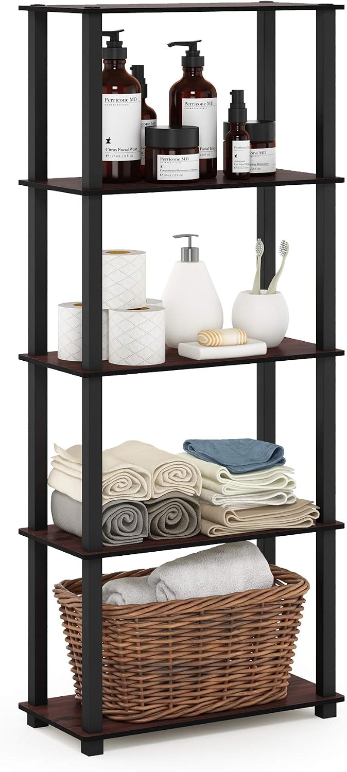 Turn-S-Tube Toolless Assembly 5-Tier Brown Storage Shelves with Square Tubes, Shelving Unit for Organization and Storage for Living Room, Home Office, Cherry Oak