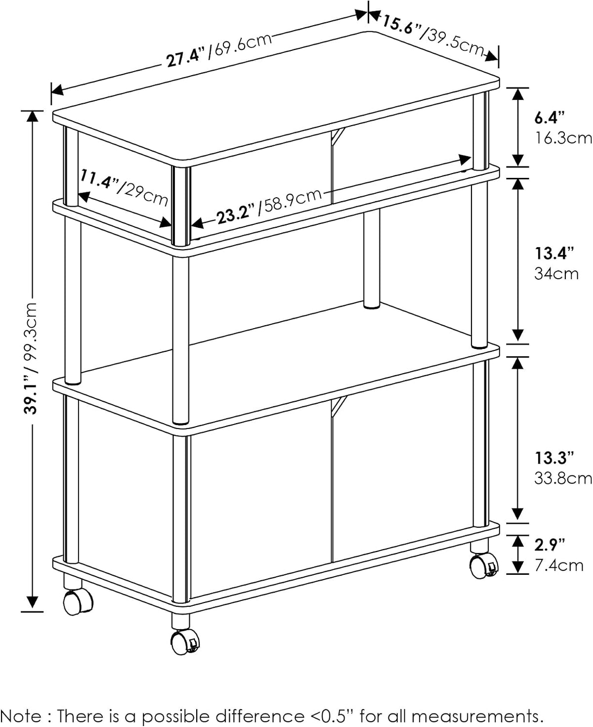 Turn-N-Tube Kitchen Storage Cart with Cabinet and Lockable Wheels, Columbia Walnut/Black