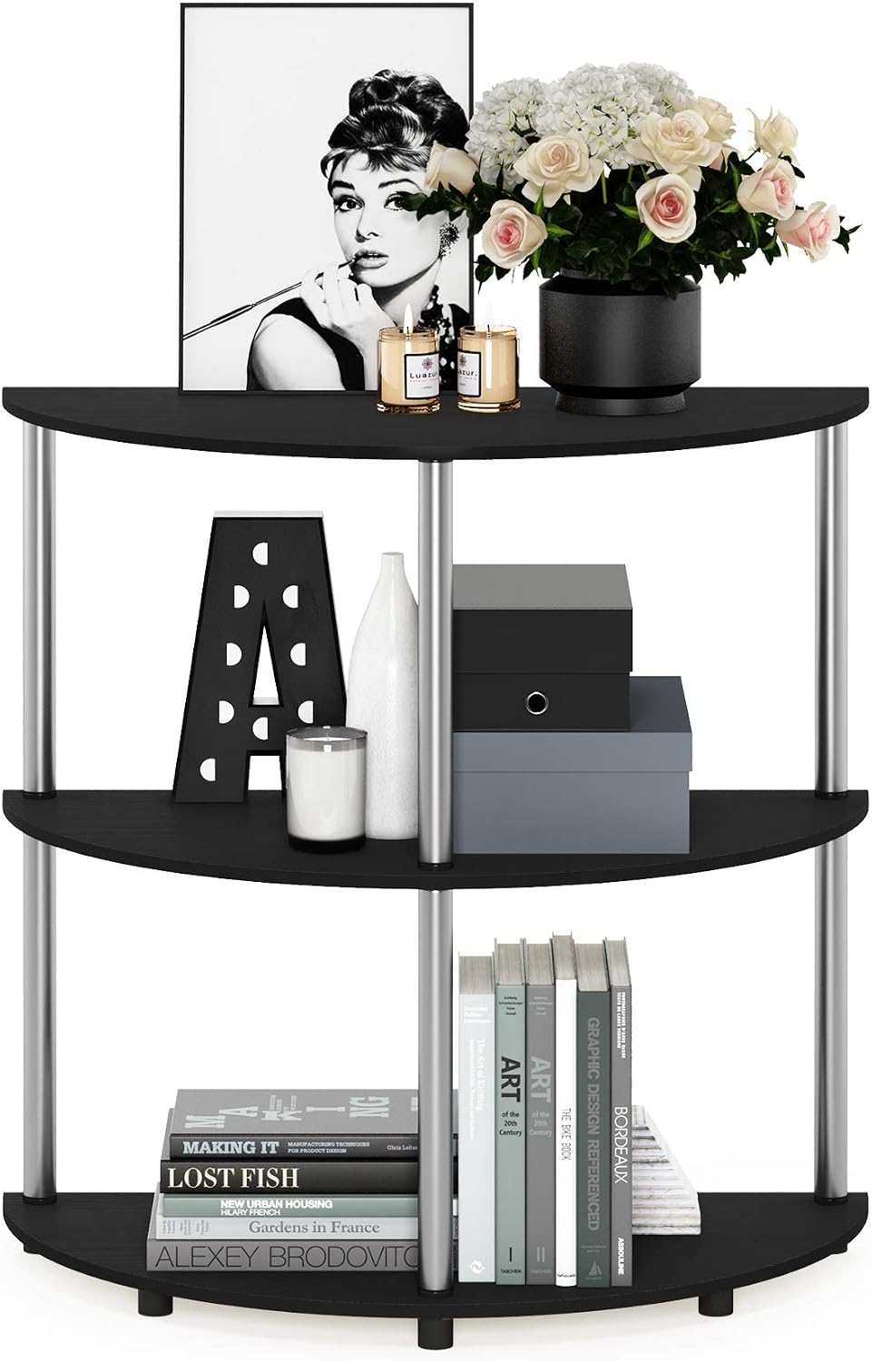 Frans Turn-N Half Round Console Table with Stainless Steel Tubes, Black Oak 15.6D x 31.1W x 30.8H in