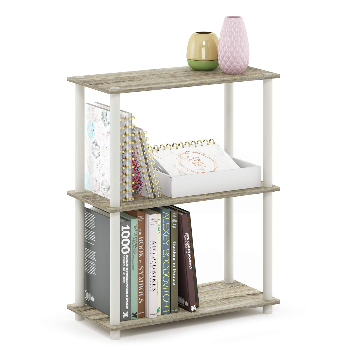 99152BE/WH/IV 3-Tier Go Green Multipurpose Storage Rack Shelving Unit Bookshelf Cabinet with 2 Bins, Beech Finish