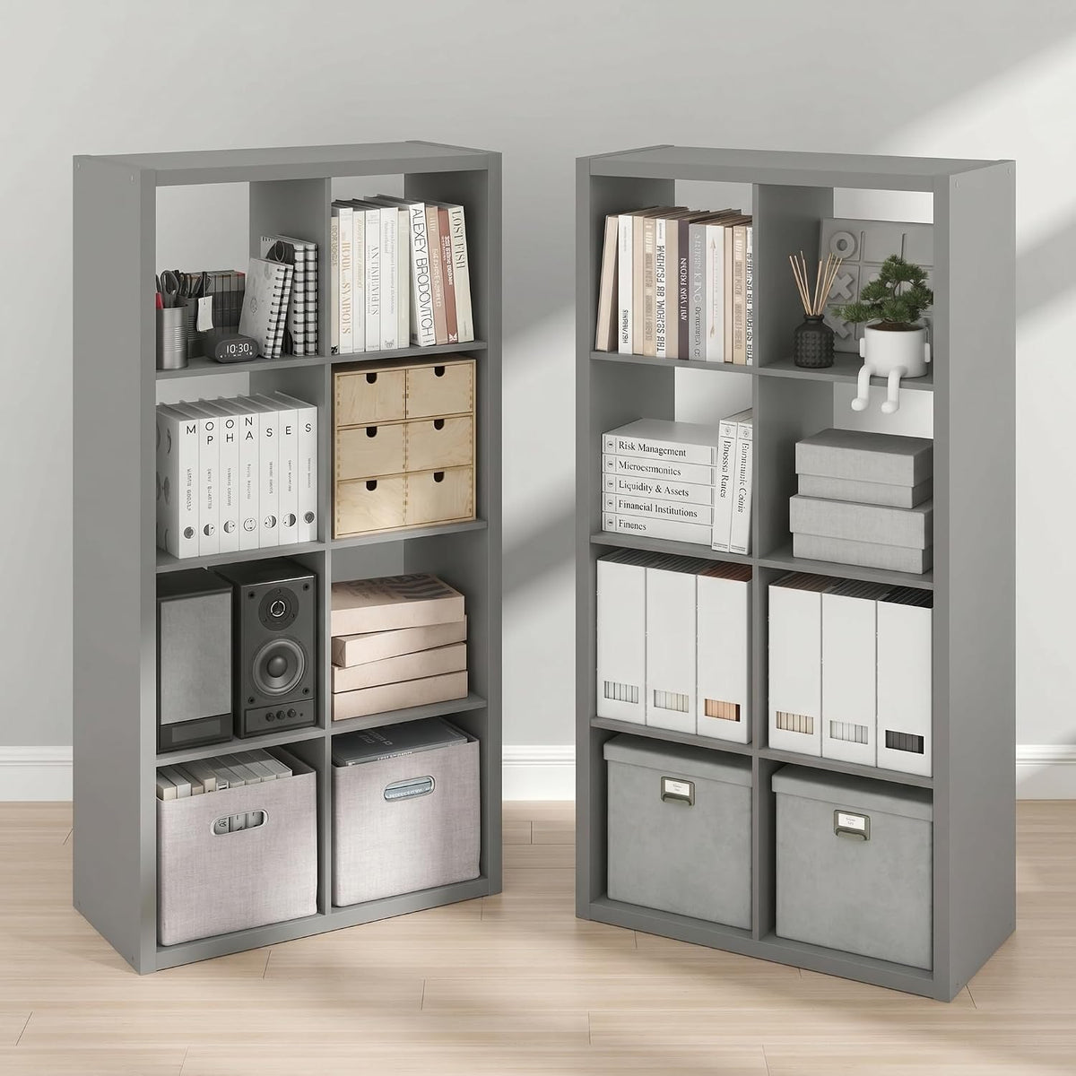 Cubicle Book Shelf Set of 2, 8-Cube Bookshelf, Light Grey