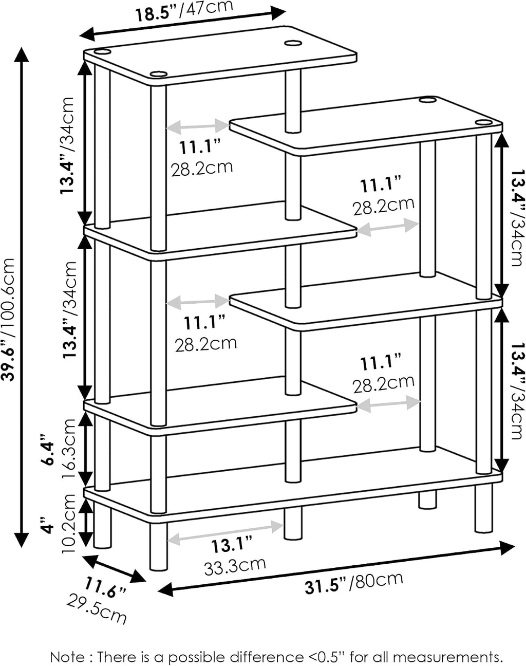 Turn-N-Tube Toolless Assembly 6-Tier Grey Book Shelf, Accent Display Shelf, Open Shelves, Round Tubes, for Organization and Storage, Living Room, Garage, Home Office, Grey Oak