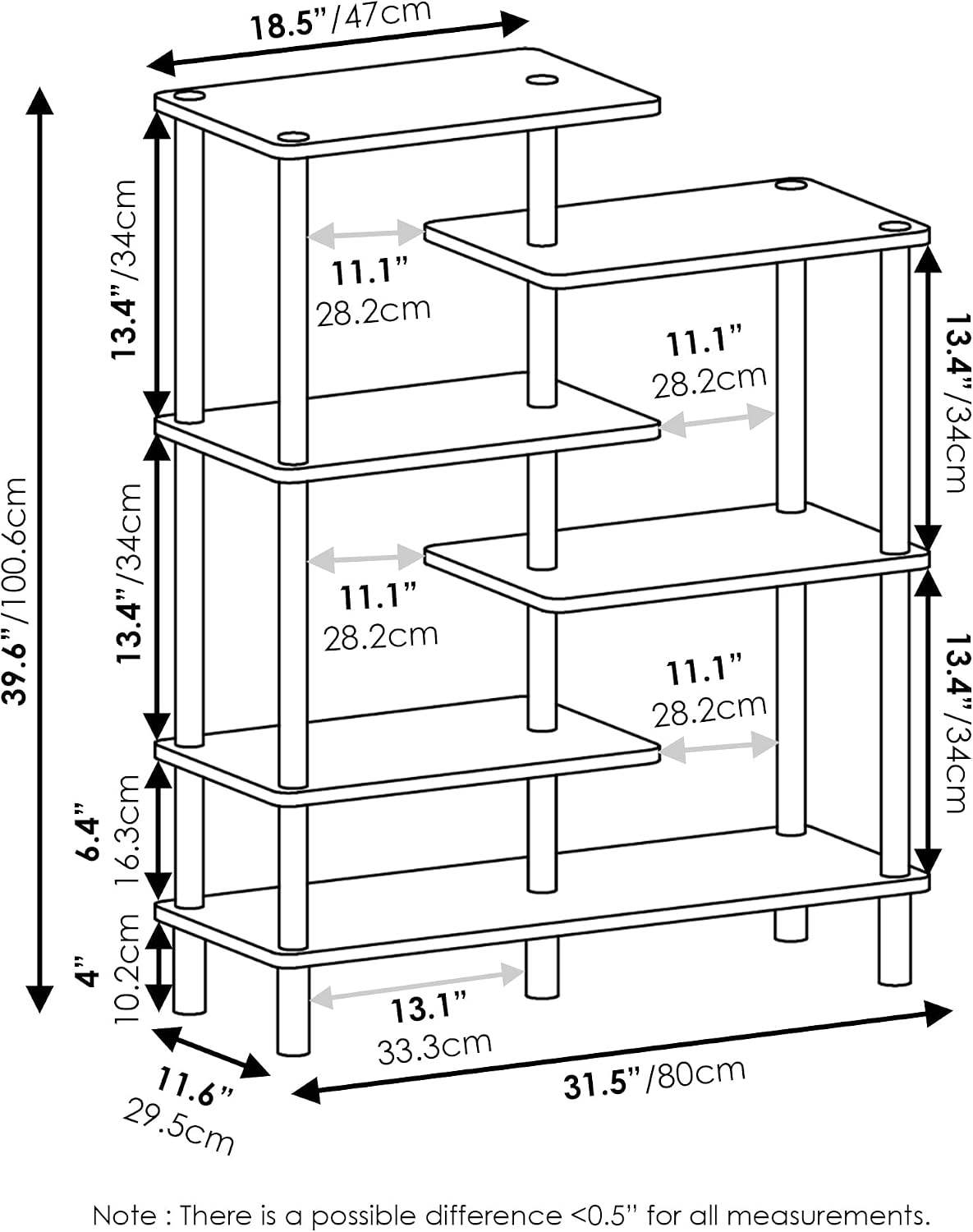 Turn-N-Tube Toolless Assembly 6-Tier Grey Book Shelf, Accent Display Shelf, Open Shelves, Round Tubes, for Organization and Storage, Living Room, Garage, Home Office, Grey Oak
