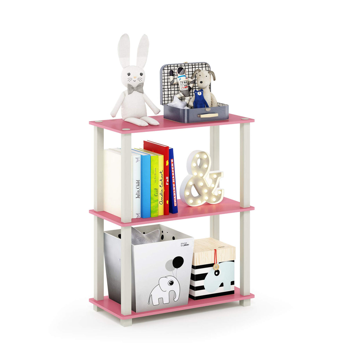 99152BE/WH/IV 3-Tier Go Green Multipurpose Storage Rack Shelving Unit Bookshelf Cabinet with 2 Bins, Beech Finish